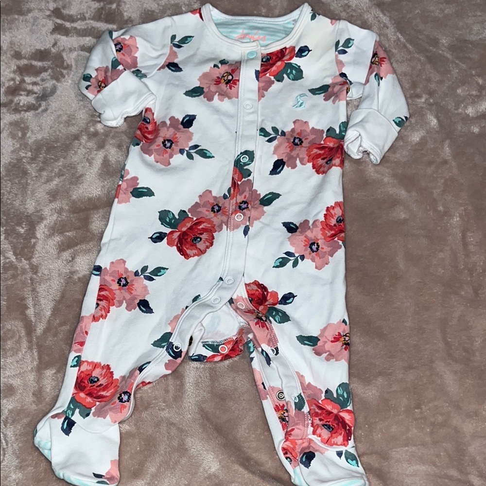 White and Pink Floral Footies One Piece